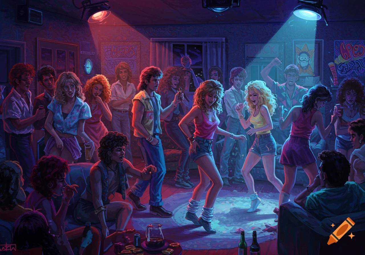 A crowded 1980s house party scene with people dancing under red and blue lights.