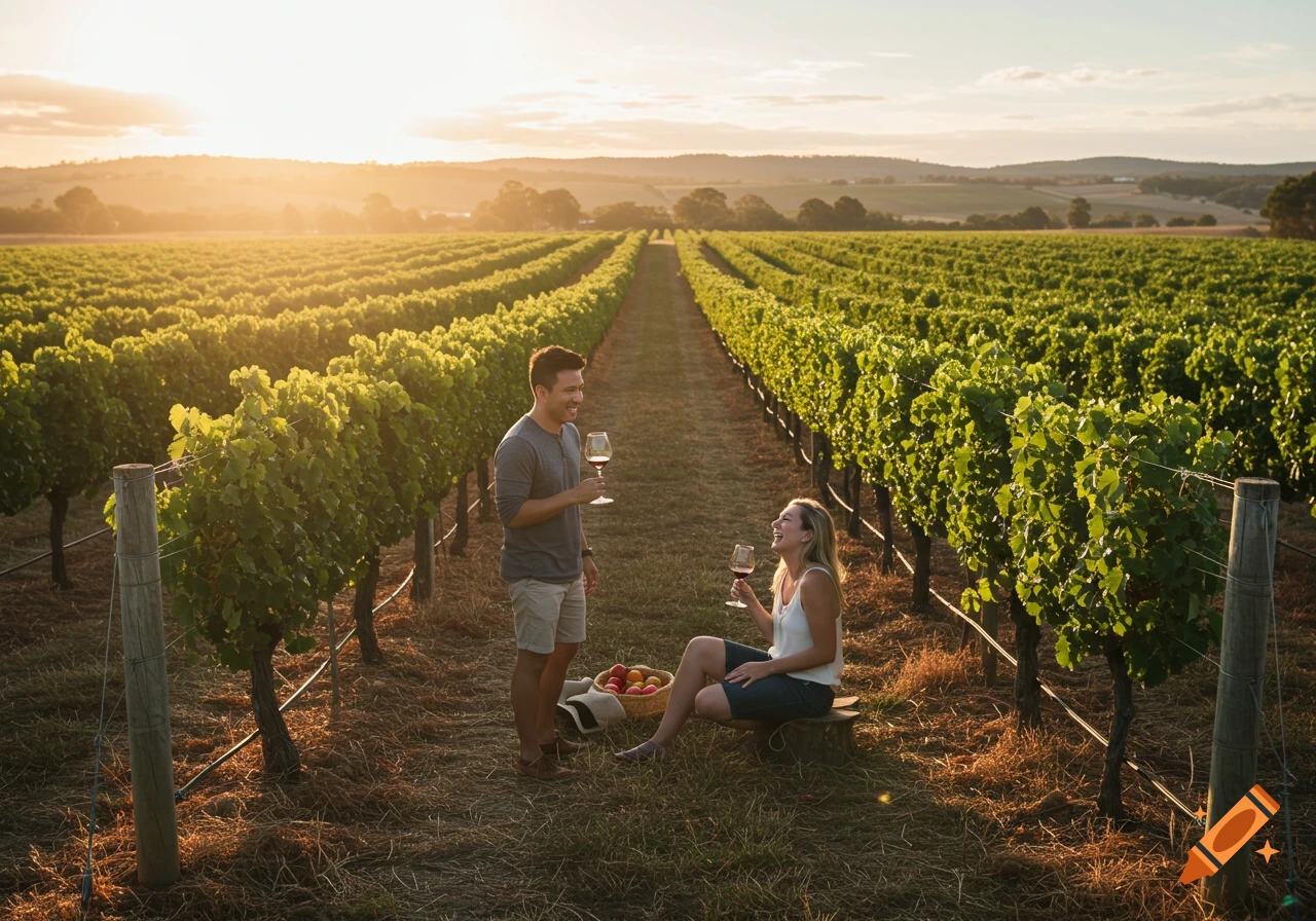 A couple laughs and drinks wine in a vineyard at sunset.