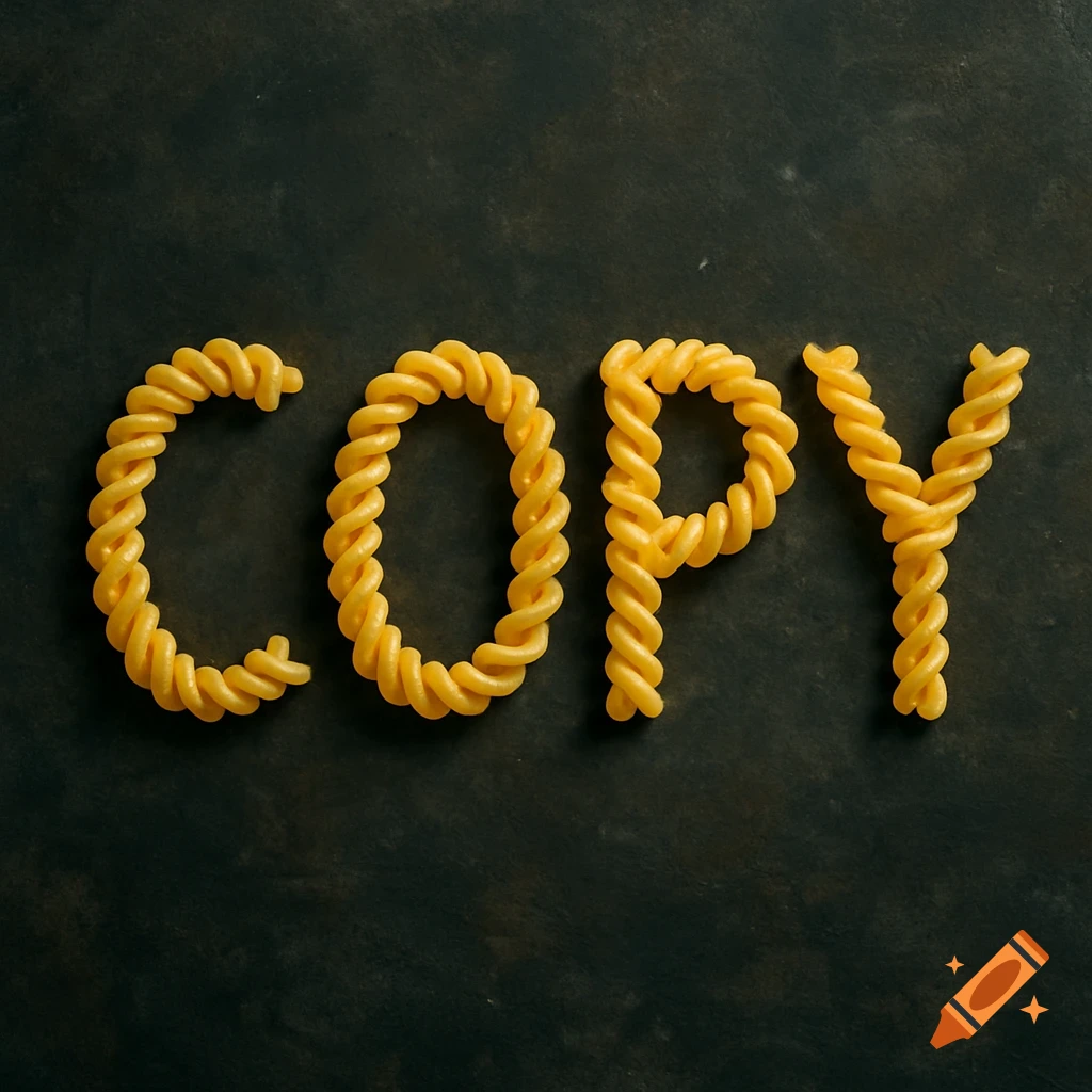 The word COPY spelled out with rotini pasta shapes on a dark surface.