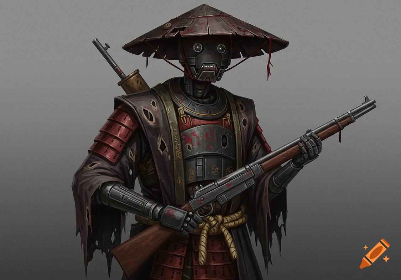 A robot in a broken samurai hat and ripped robe holds a rifle. Digital art.