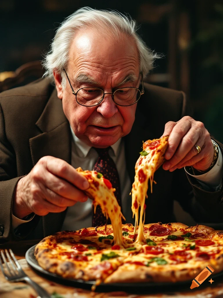 An elderly man in glasses and suit pulls two slices of cheesy pizza.