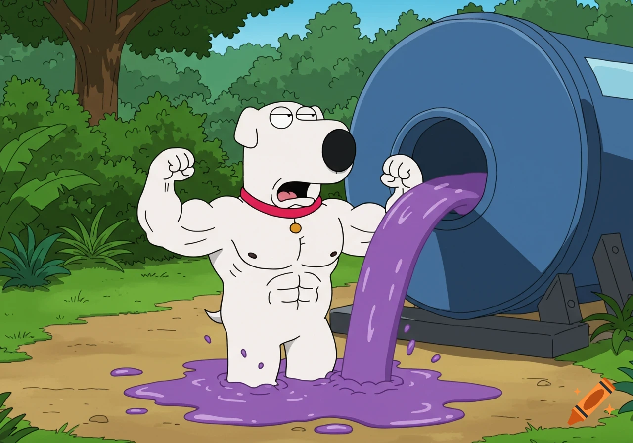 Brian from Family Guy, muscular and flexing, stands in purple liquid pouring from a large blue tank in a jungle.