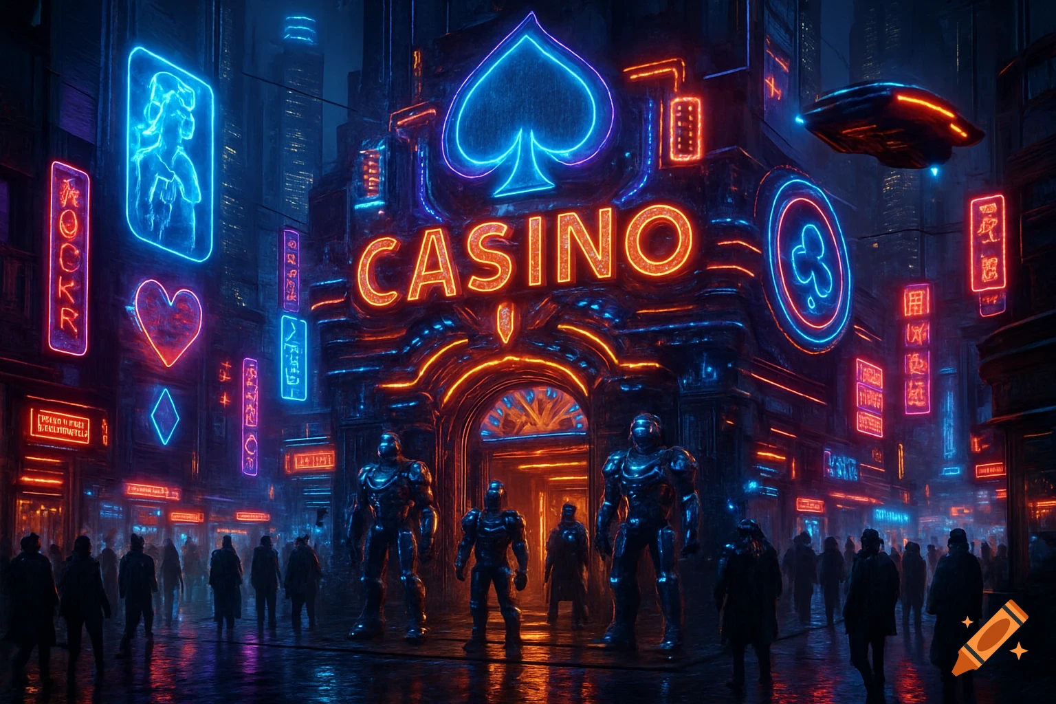 A neon-lit cyberpunk city street at night with a large casino, robotic bouncers, and people.