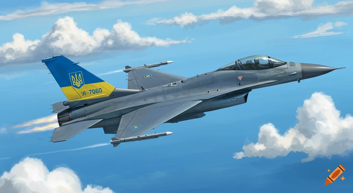 Digital illustration of a Ukrainian F-16 fighter jet flying in a cloudy sky.