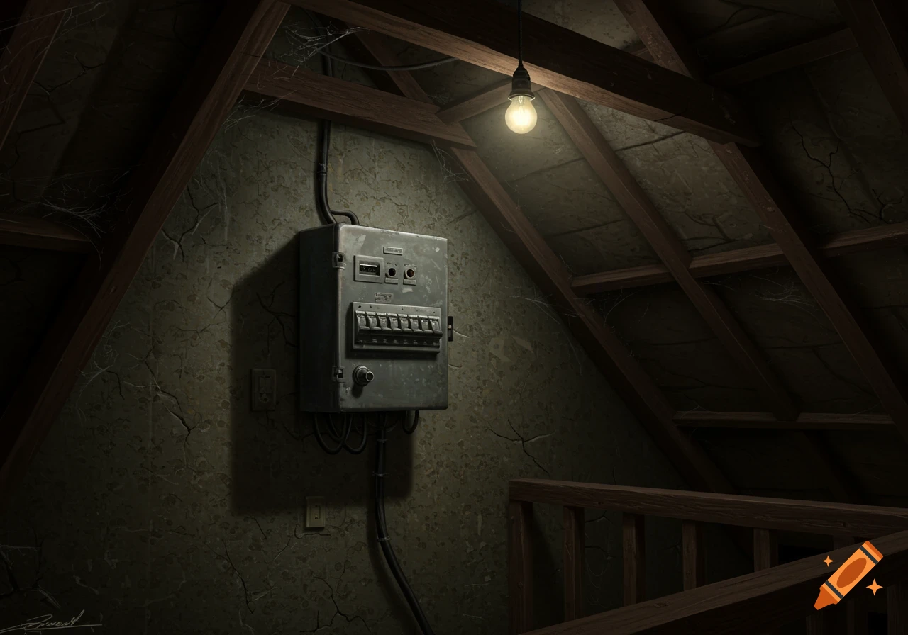 Realistic image of a dark, dusty attic interior with a breaker box on the wall, a hanging lightbulb, and wooden beams.