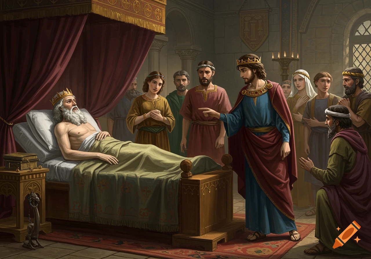 A young king points towards an old, dying king lying in bed, surrounded by people in a palace chamber.