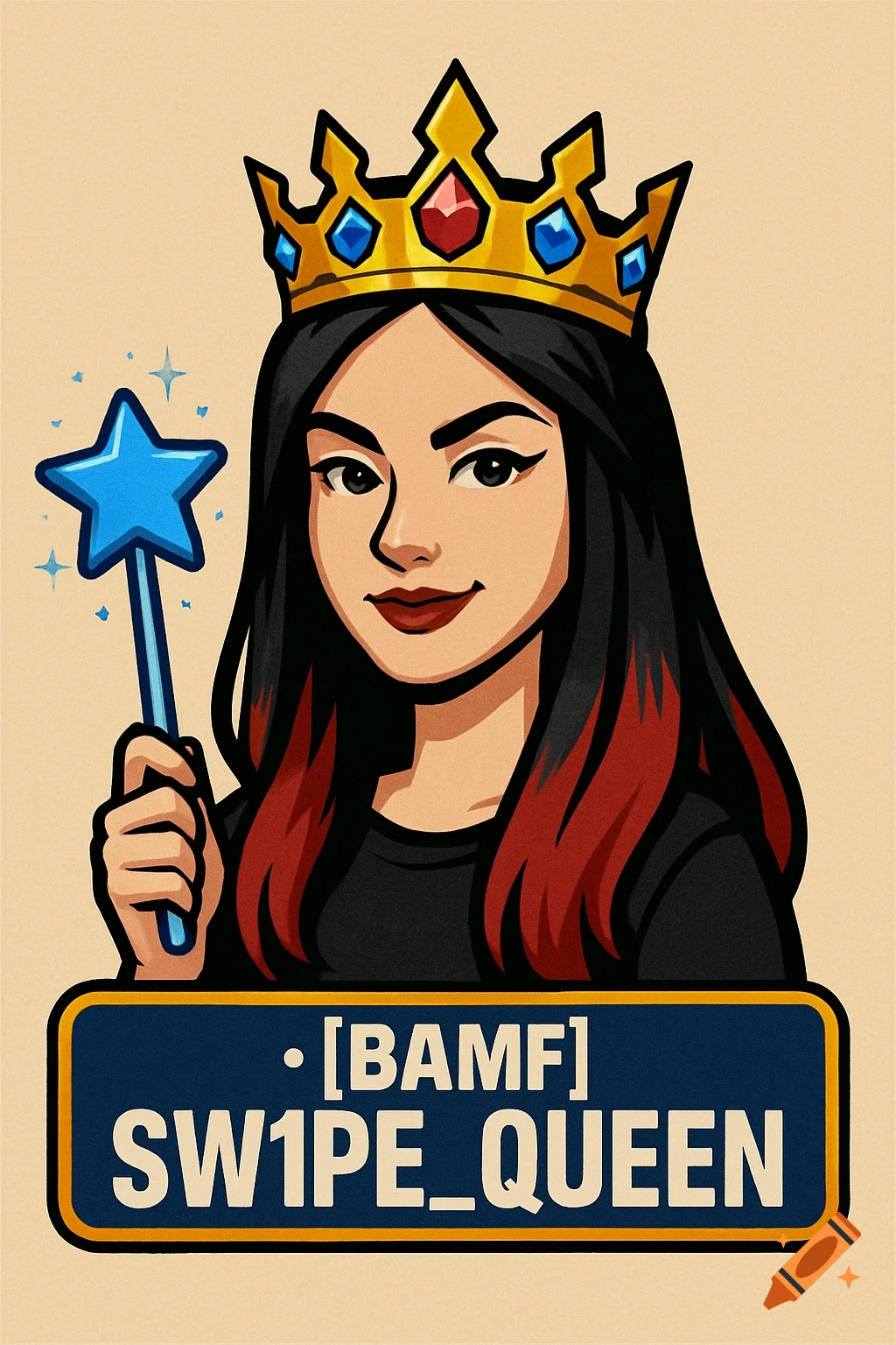 Cartoon woman with crown and magic wand above a text banner