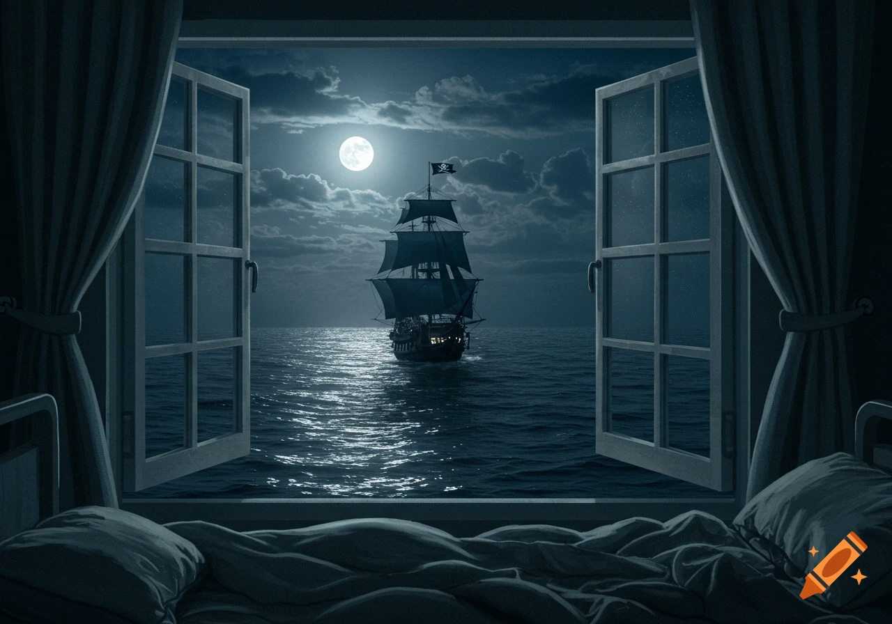 A pirate ship sails on the sea under a full moon, viewed from an open bedroom window at night.