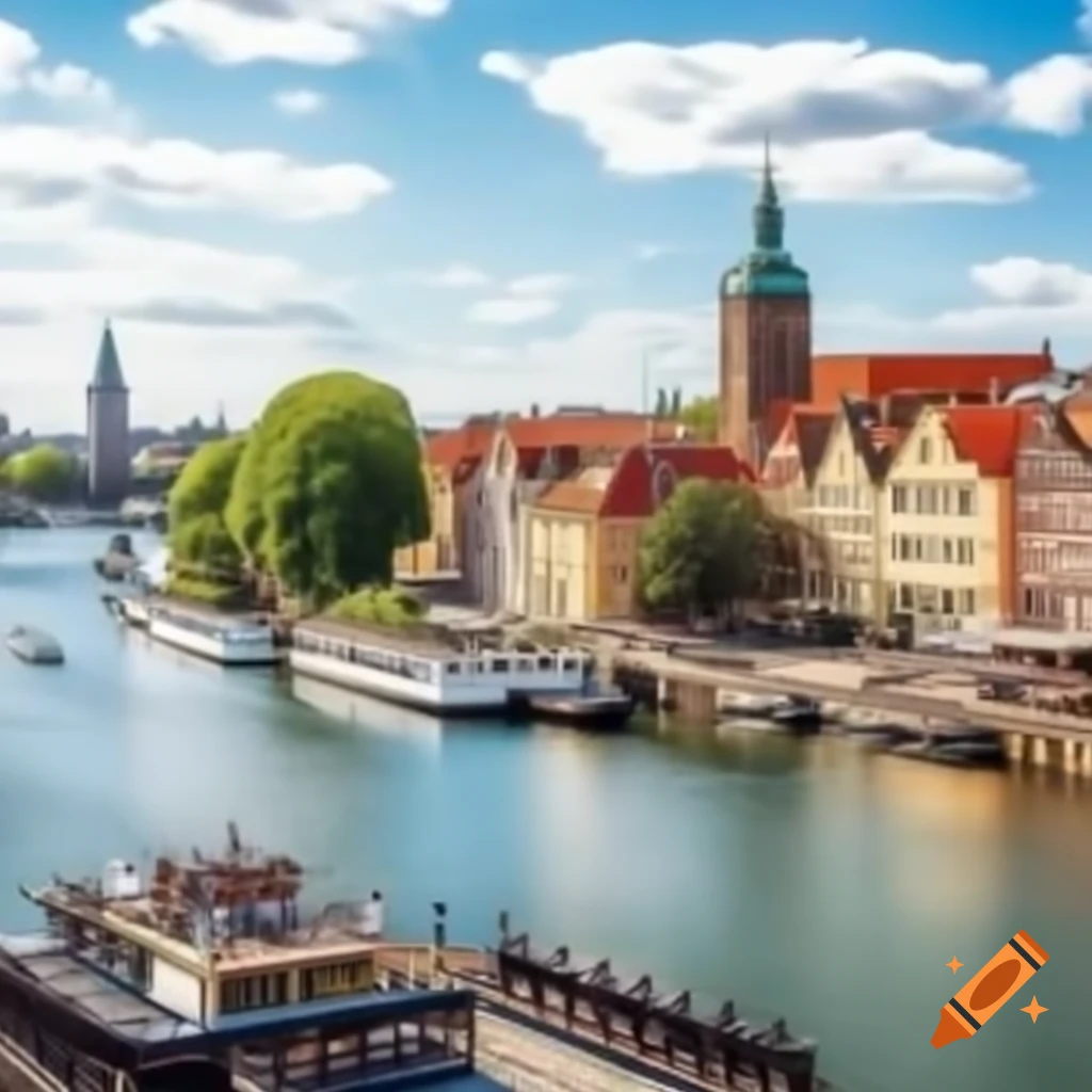 European architecture island on river with boats on sunny day