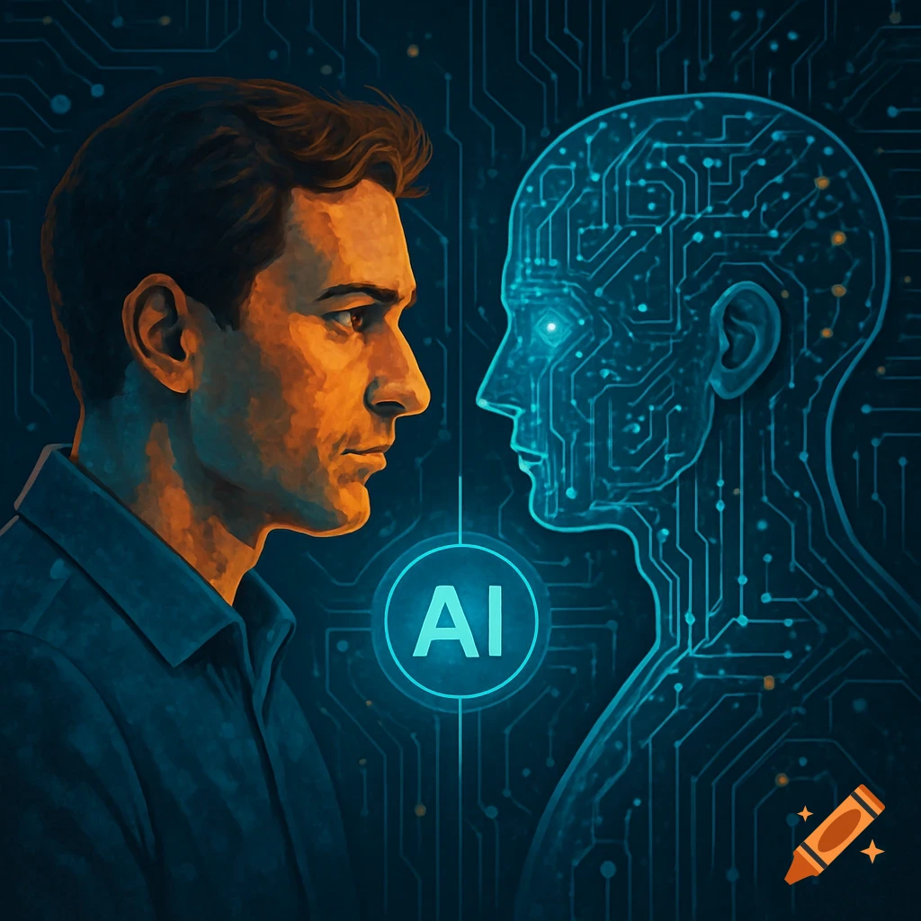 Profile view of a man looking at a circuit board head representing AI, with 'AI' symbol.