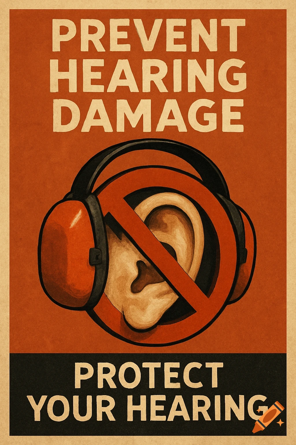 Vintage style safety poster shows an ear with a red no symbol over it, headphones, and text.