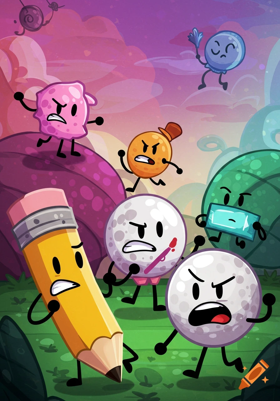 Cartoon characters, including a pencil, golf balls, balloon, and others, fight in a colorful, stylized landscape.