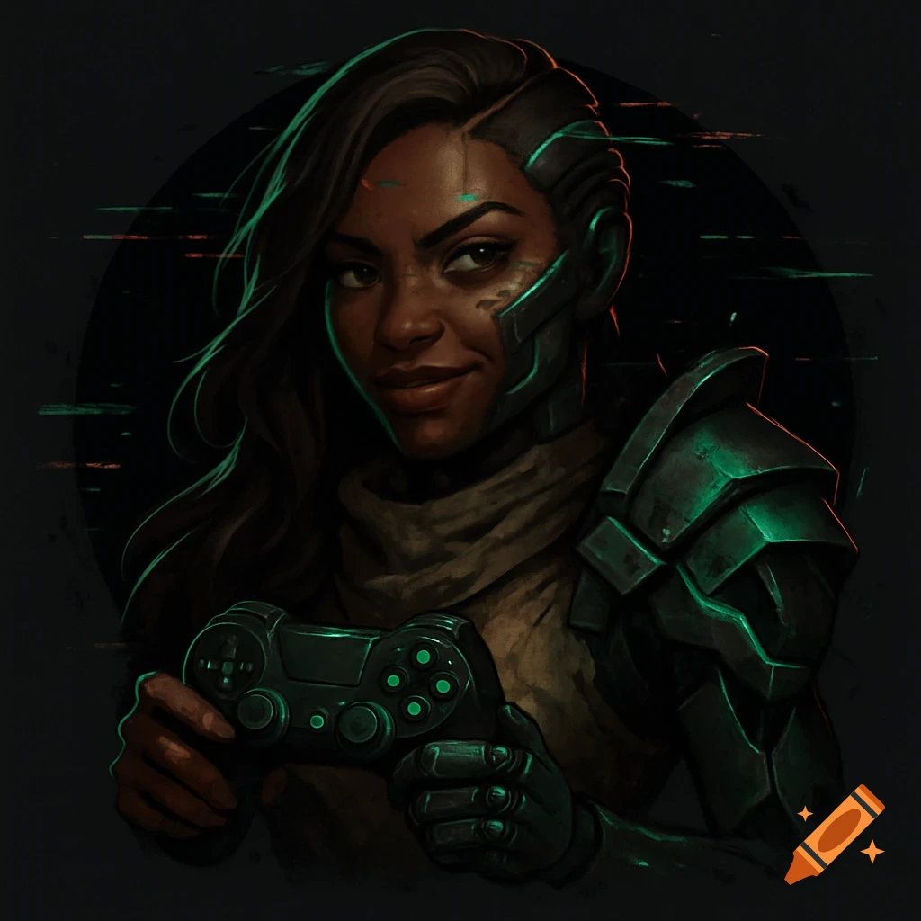 Illustration of a dark-skinned woman with cyborg parts and armor holding a gaming controller in a sci-fi style.