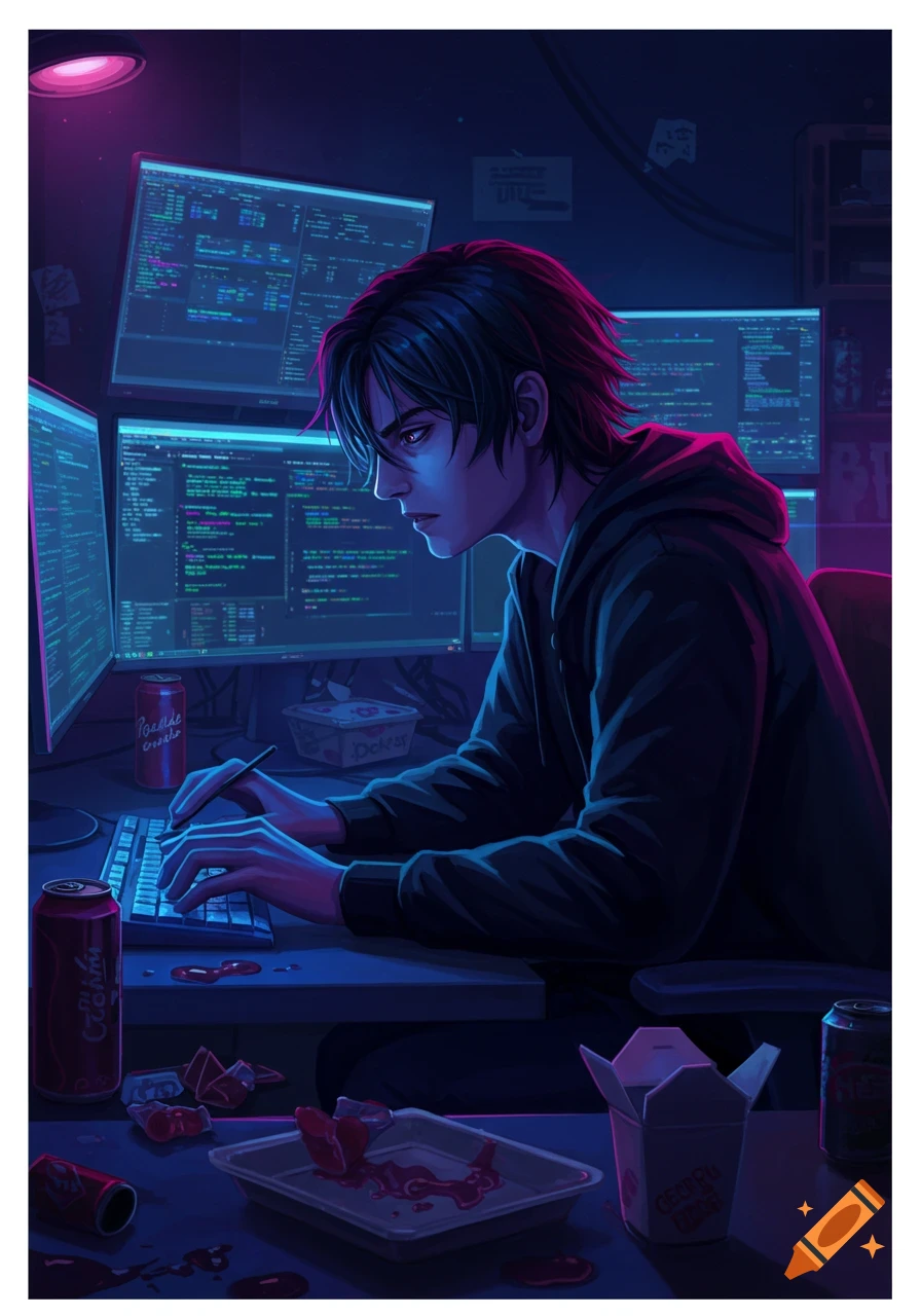 Anime style illustration of a young person coding at a desk with multiple monitors in a dark, neon-lit room.