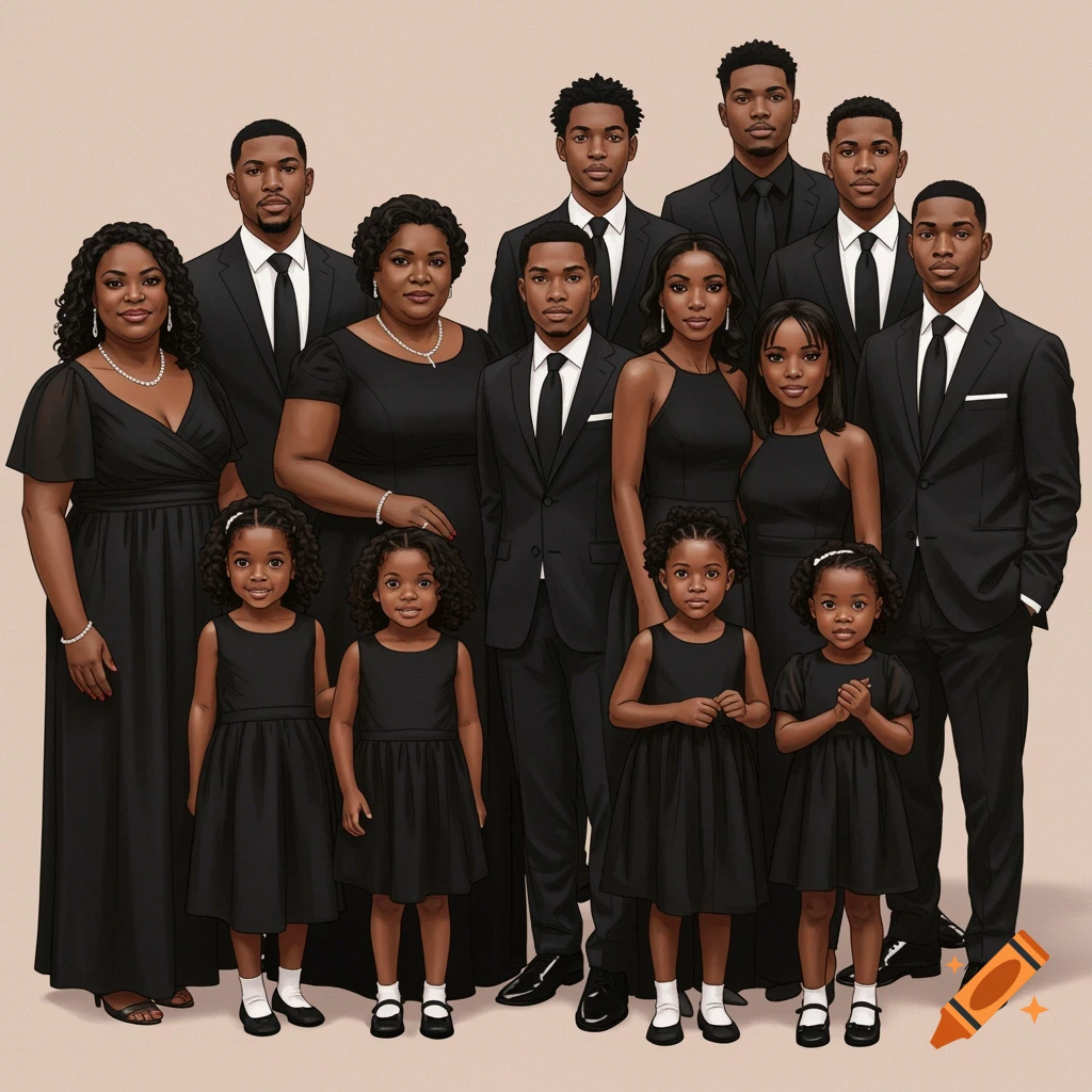 Group portrait of a large Black family wearing black formal clothing.