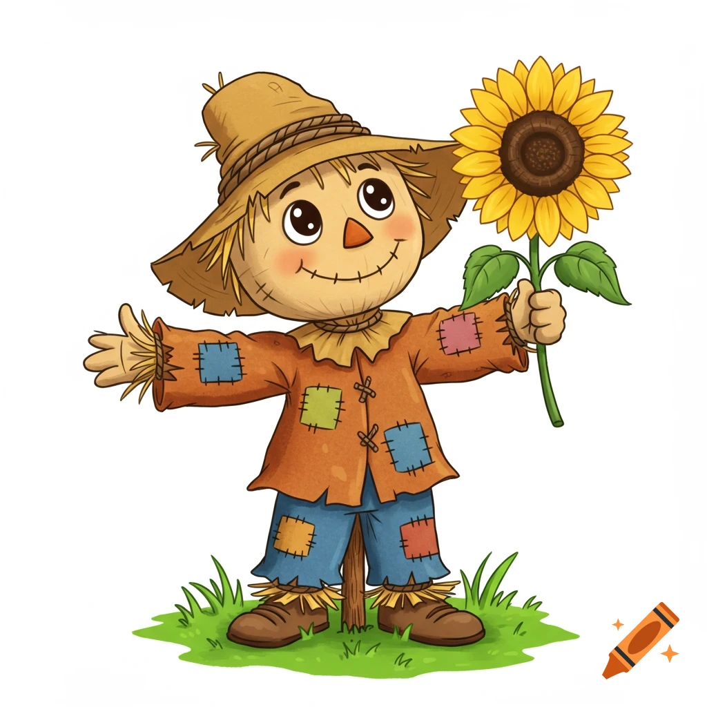 A cartoon scarecrow holds a sunflower.