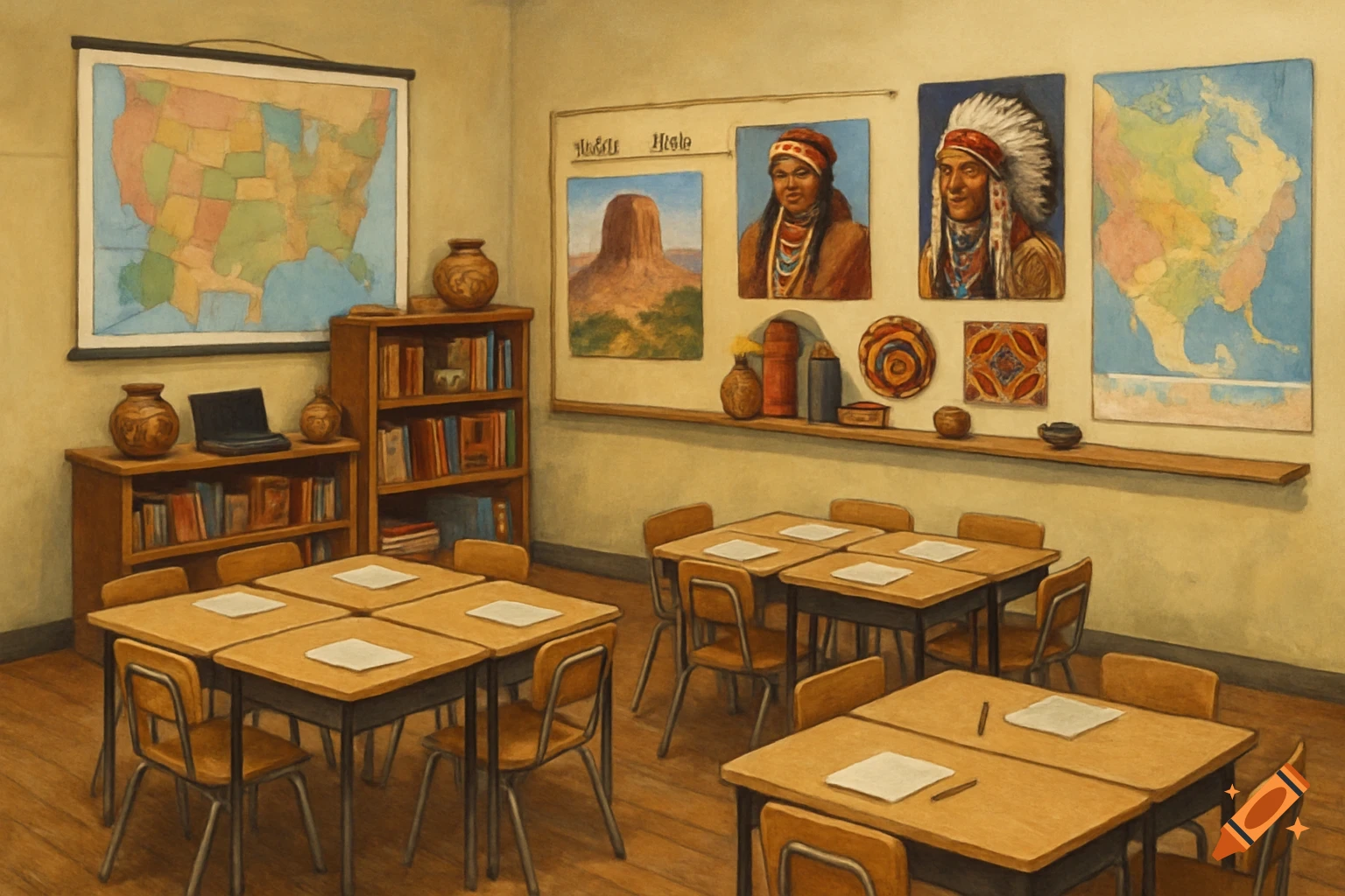 A painted-style image of a classroom with desks, bookshelves, maps, and posters/artifacts related to Native American culture.