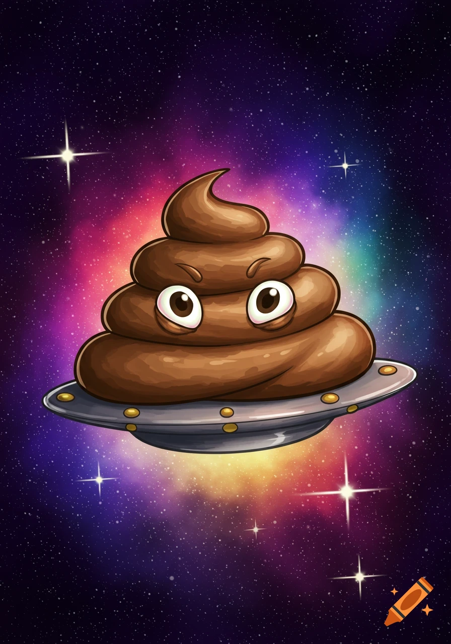 Cartoon poop character on a UFO in space