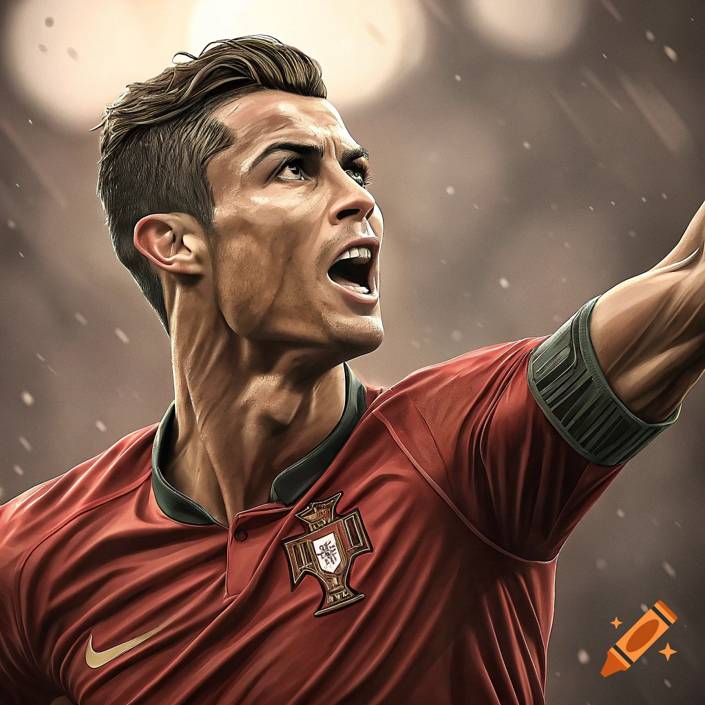 Close-up portrait of Cristiano Ronaldo in a red jersey celebrating on a ...