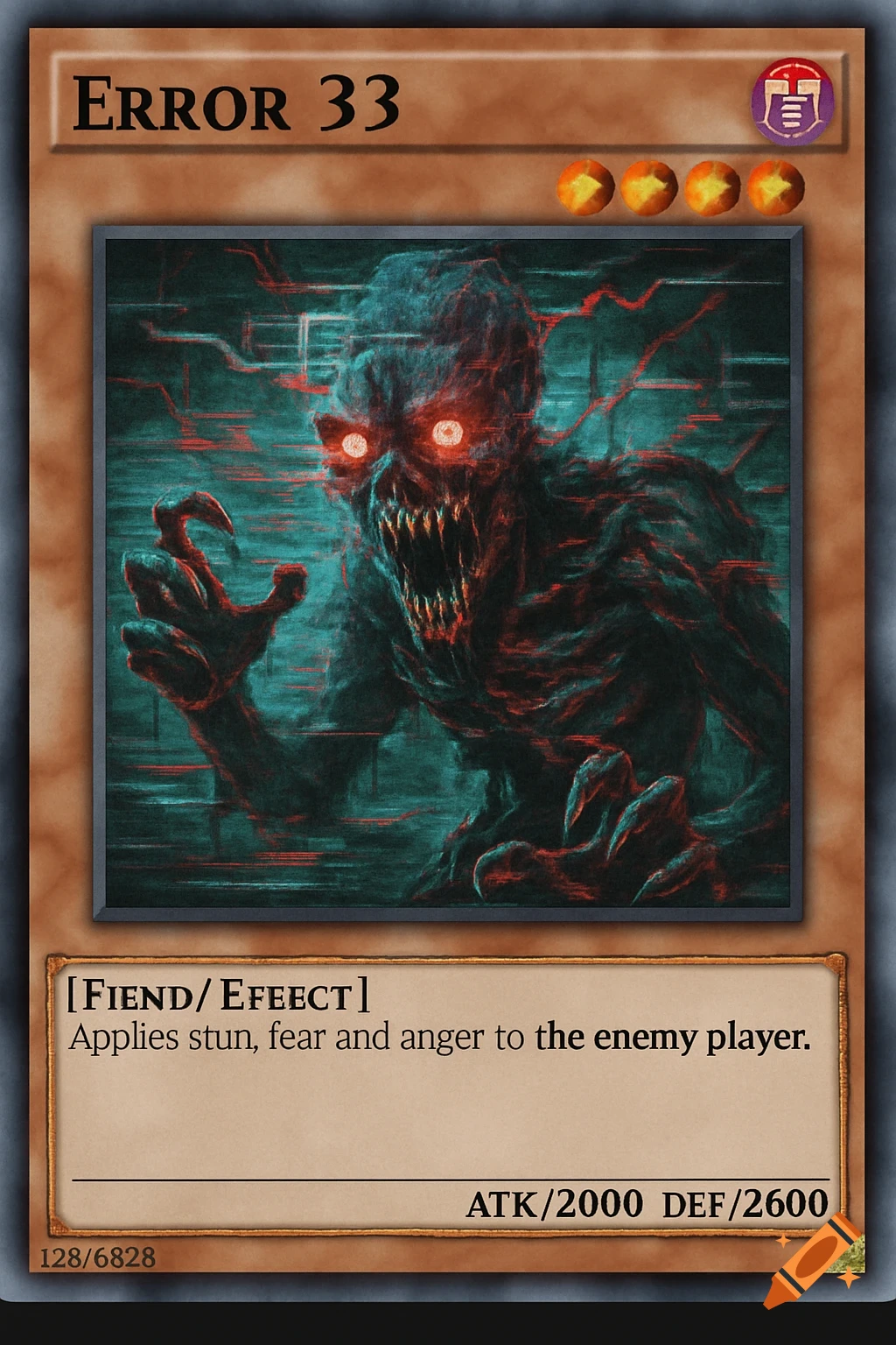A trading card for a monster called "Error 33", depicted as a skeletal, glowing-eyed creature with red glitching effects, like a scary digital error.