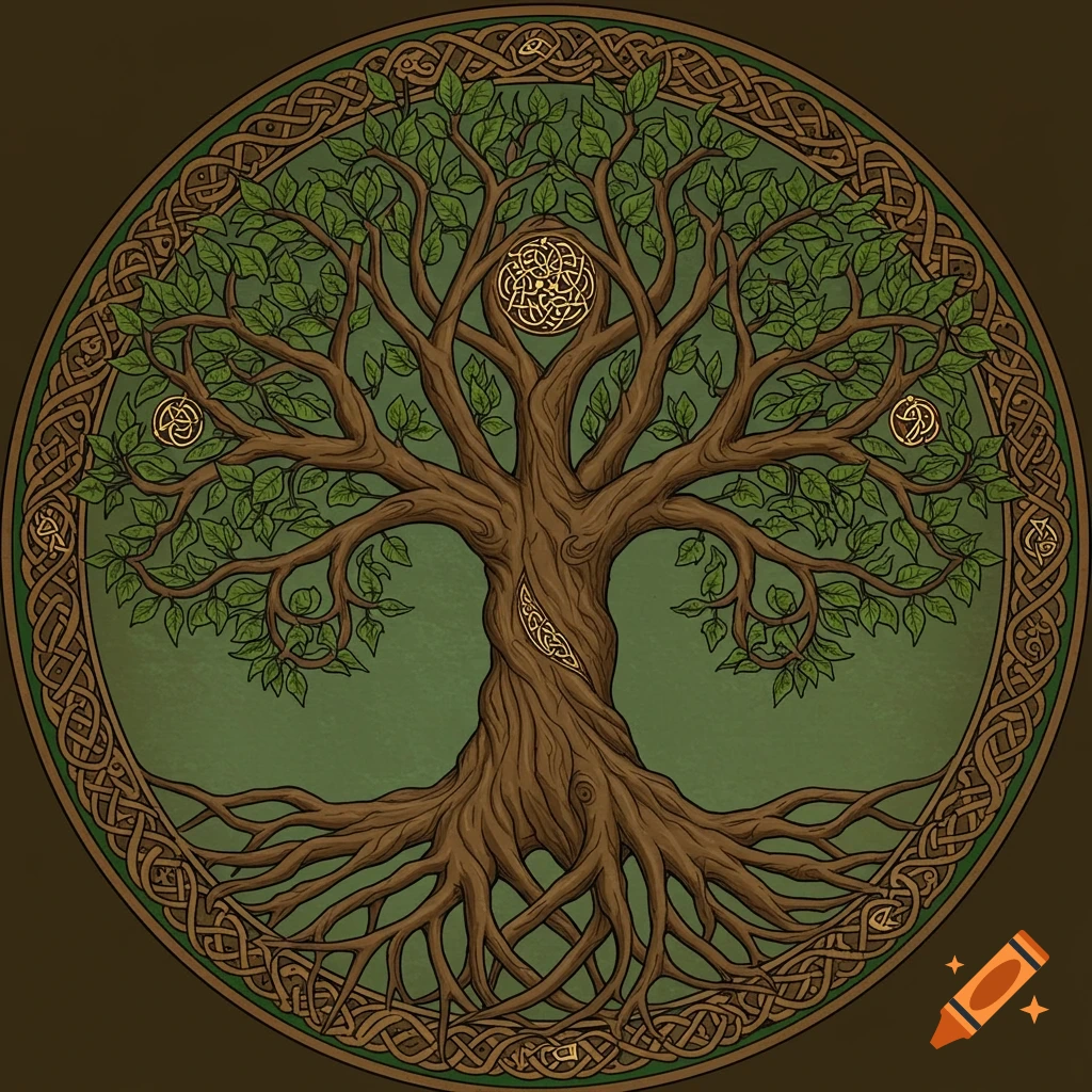 Stylized illustration of a Tree of Life with thick roots and branches, surrounded by a circular Celtic knot border.