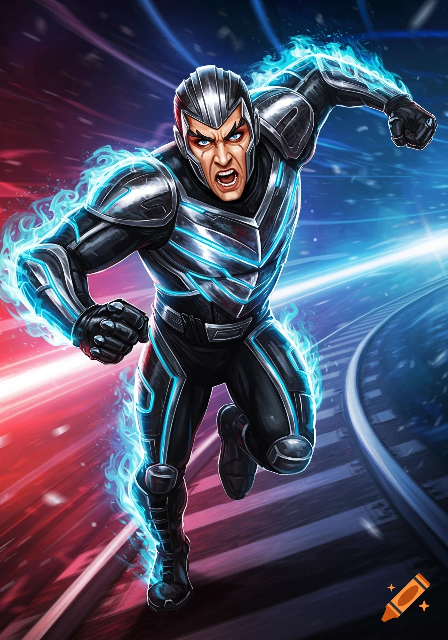 A figure in a metallic black suit with blue lights and energy runs on a track.