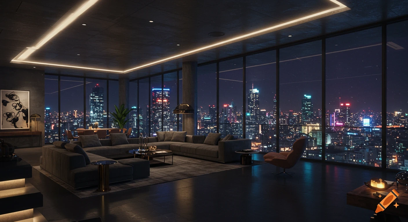 Modern luxury penthouse apartment overlooking a city skyline at night