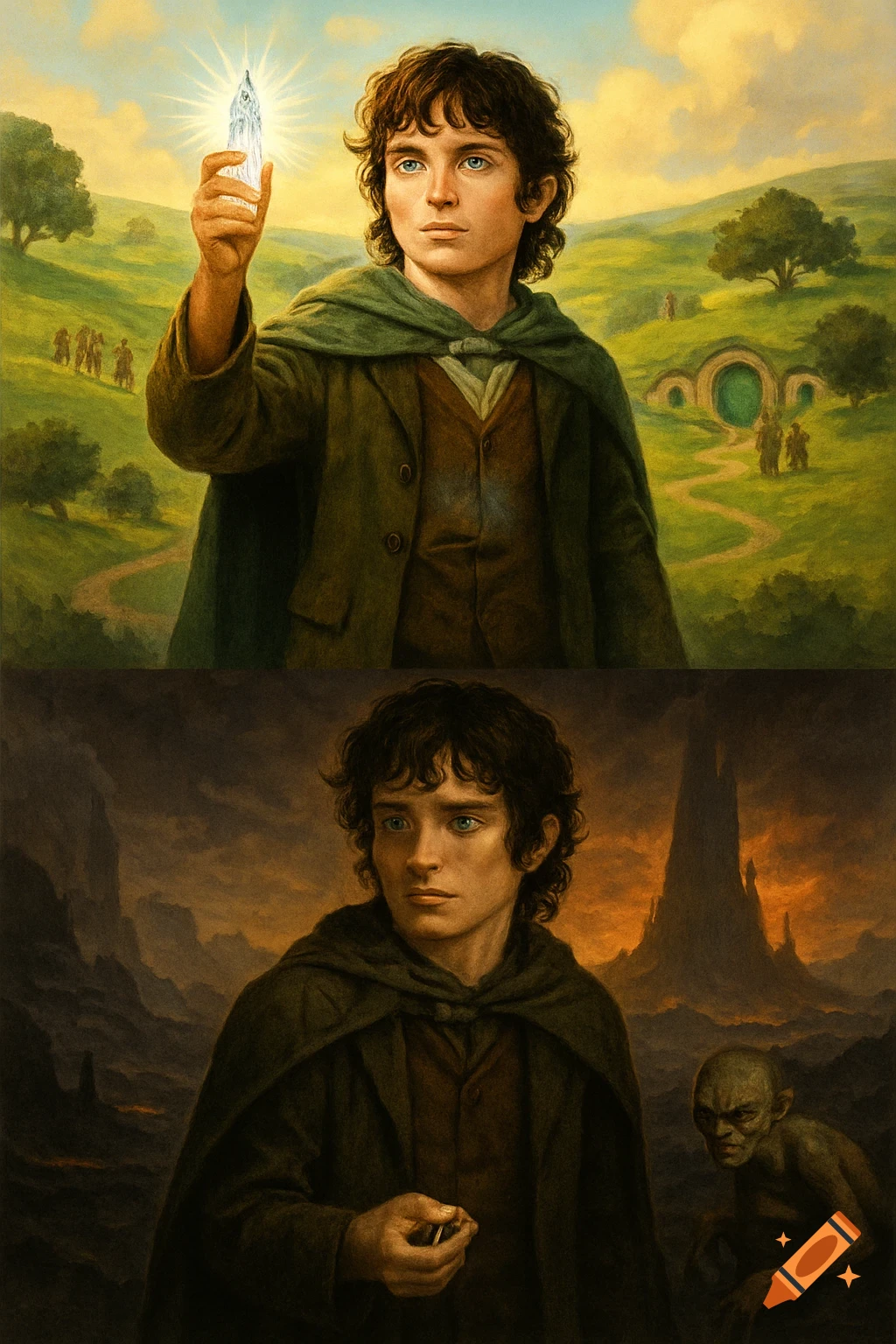 Split fantasy illustration of Frodo in the Shire holding the Phial of Galadriel and in Mordor holding the One Ring with Gollum.