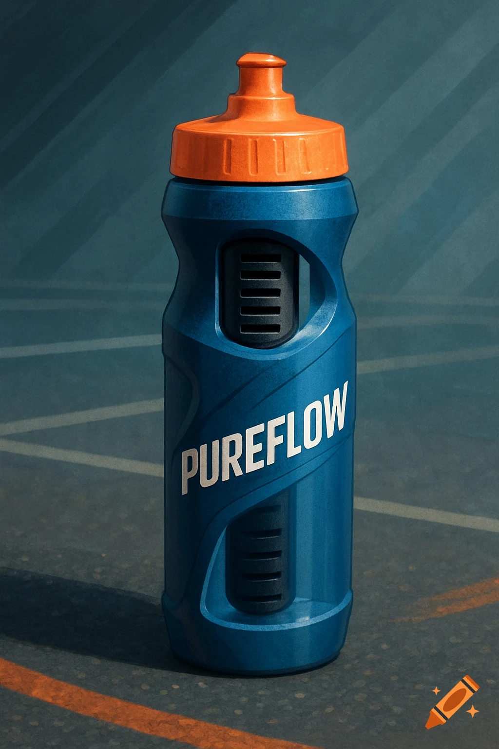 Blue and orange water bottle with PUREFLOW text on a court surface.