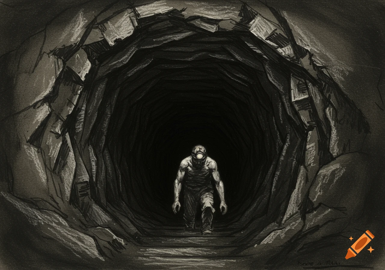 Sketch of a miner with a headlamp walking into a dark mine tunnel.