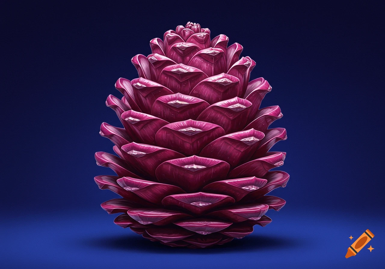 A close-up view of a stylized deep pink pine cone against a dark blue background.