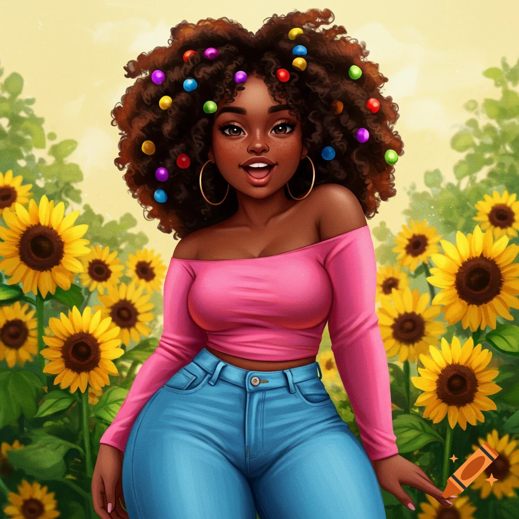 Stylized illustration of a young Black woman with colorful beads in her curly hair, wearing a pink crop top and blue jeans, standing among sunflowers.