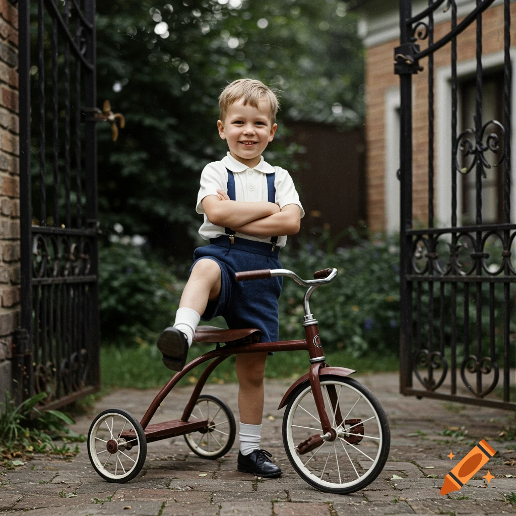 Young boy in vintage clothing poses with a tricycle in a backyard.