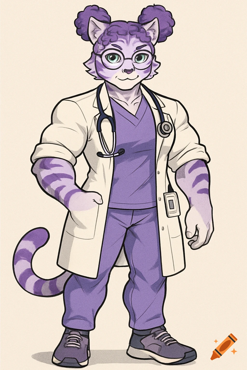 Cartoon anthropomorphic purple cat doctor in white coat and scrubs.