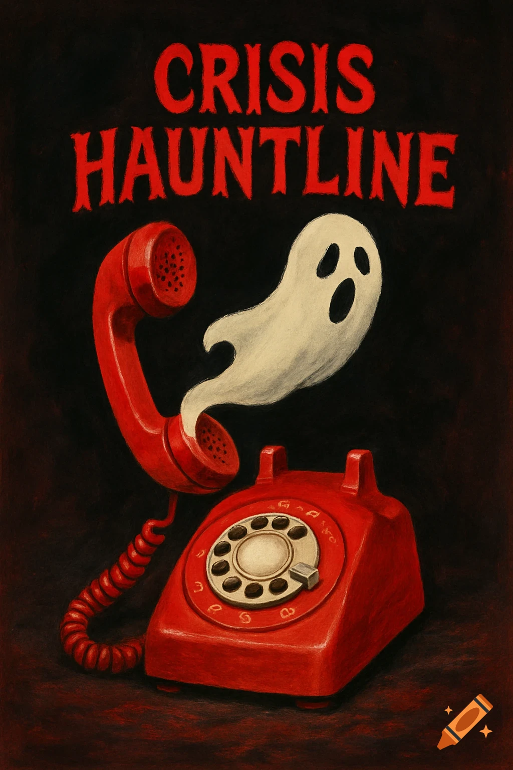 A ghost emerging from a red rotary telephone receiver with the text 'CRISIS HAUNTLINE' above.