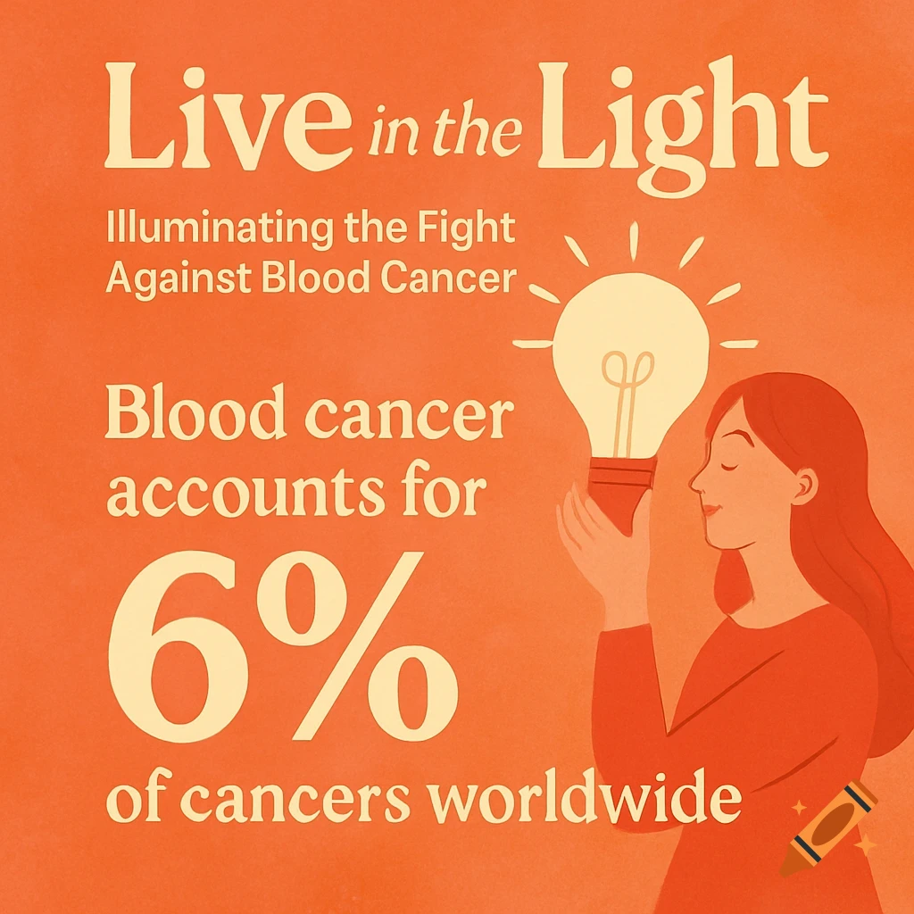 Illustration about blood cancer awareness with text and a person holding a lightbulb.