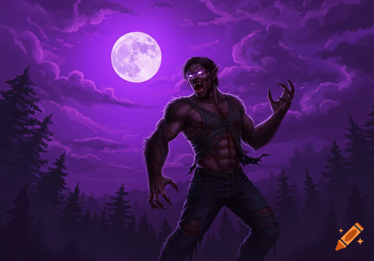 A werewolf transforms under a purple full moon in a forest.