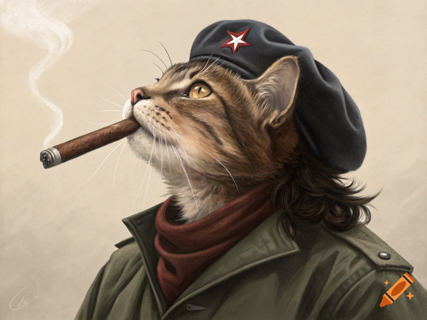 Portrait of a cat dressed as Che Guevara, smoking a cigar