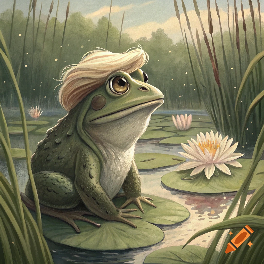 A frog with blonde hair sits on a lily pad in a pond, painterly style.