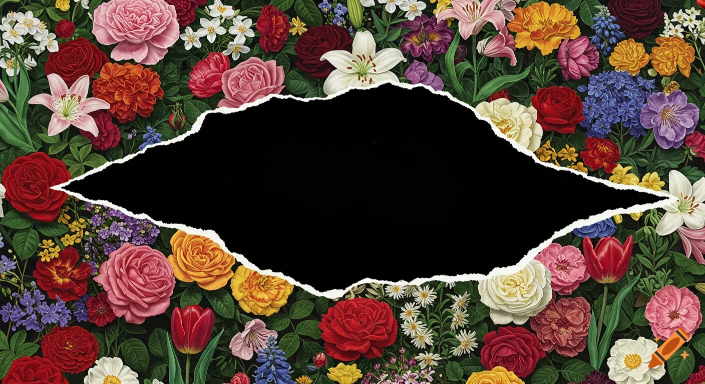 A vibrant background of colorful garden flowers with a black ripped hole in the center.