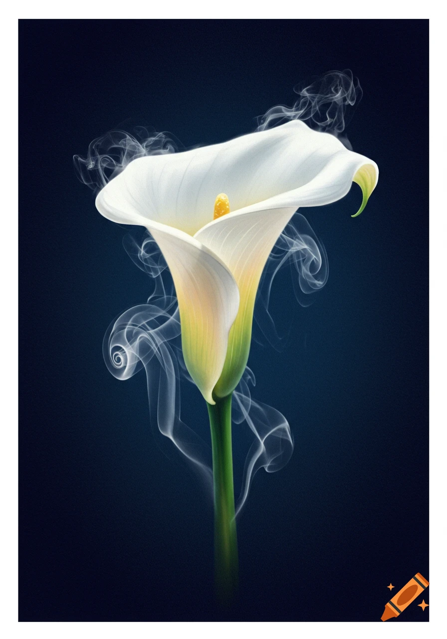 A white and yellow Calla Lily formed from wispy smoke on a dark background.