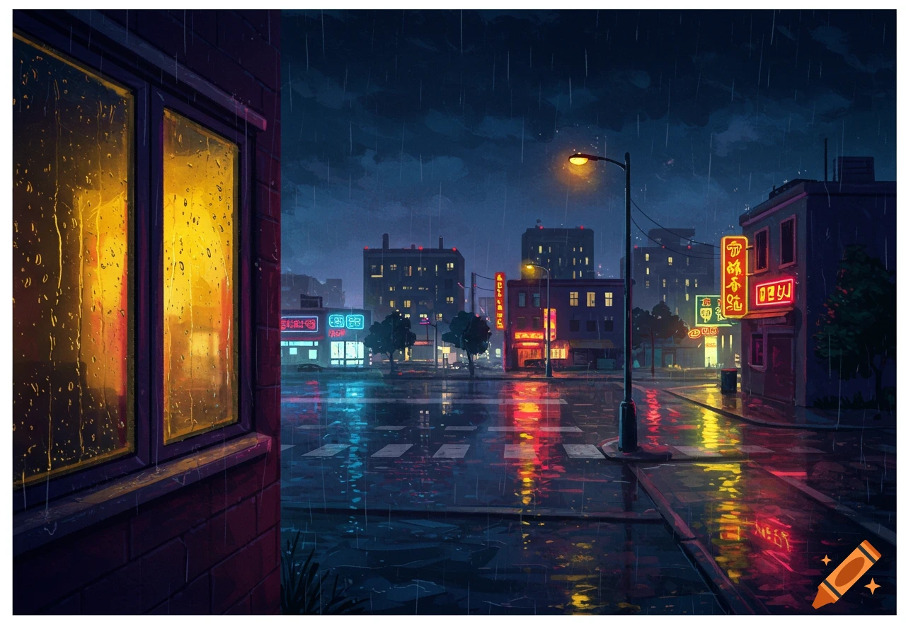 Stylized depiction of a rainy city street at night with neon signs reflecting on the wet pavement.
