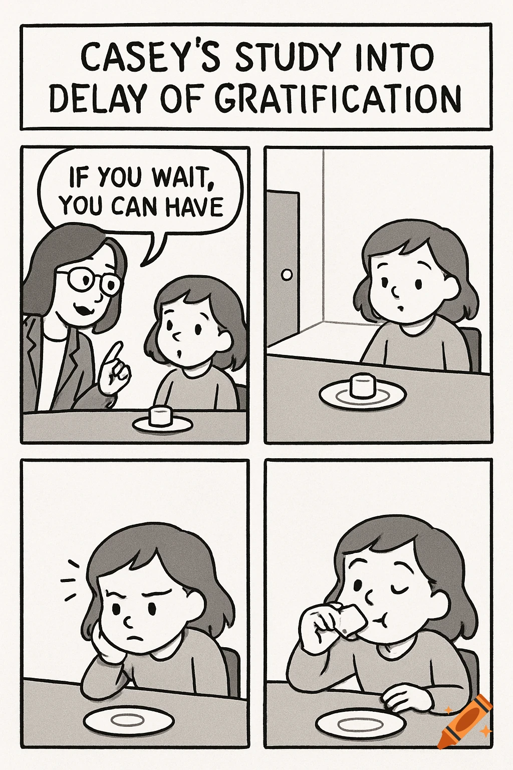 Four-panel comic about Casey's delay of gratification study, showing a child resisting eating a treat.