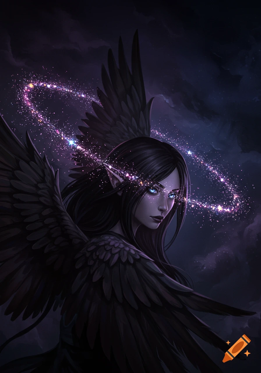 A dark fantasy illustration of a winged figure with blue eyes and a sparkly celestial orbit around her head.