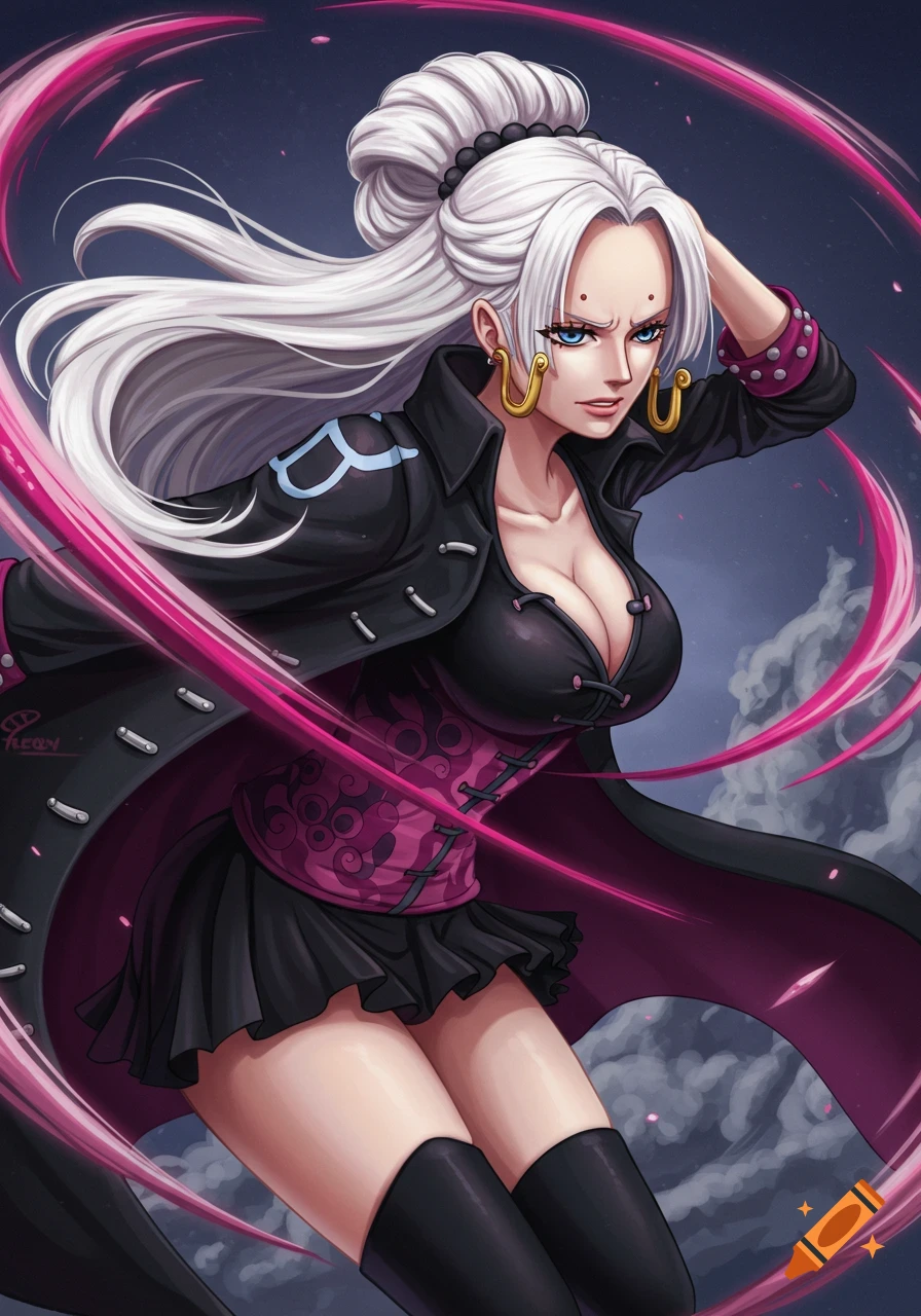 Anime illustration of a woman with white hair and blue eyes in a black and pink outfit with energy effects.