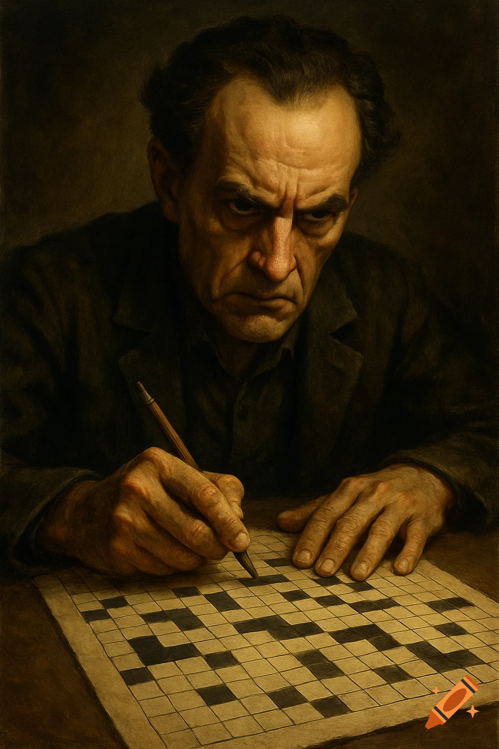 An older man with a serious expression fills out a crossword puzzle with a pencil.