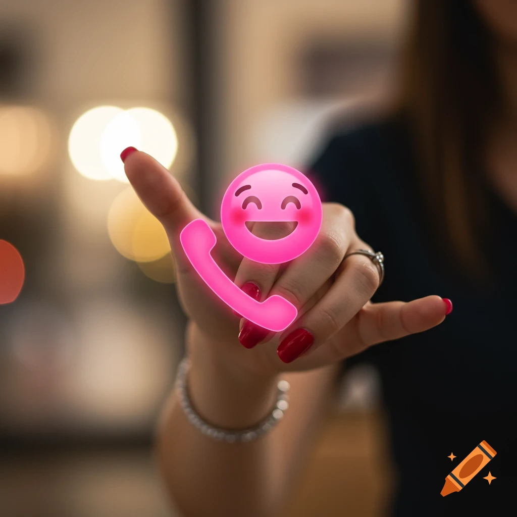 Hand making call me sign with phone and smiling emojis