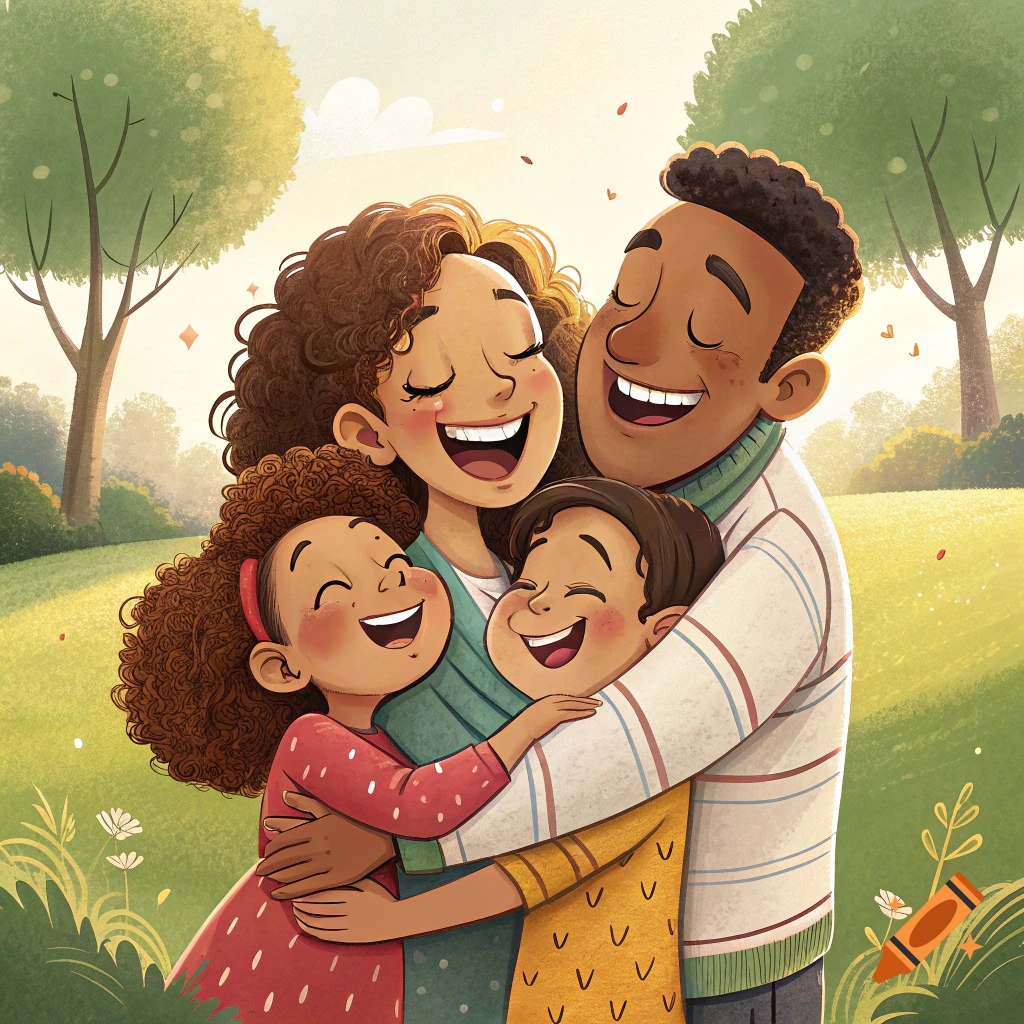 Happy family hugging in a park illustration.