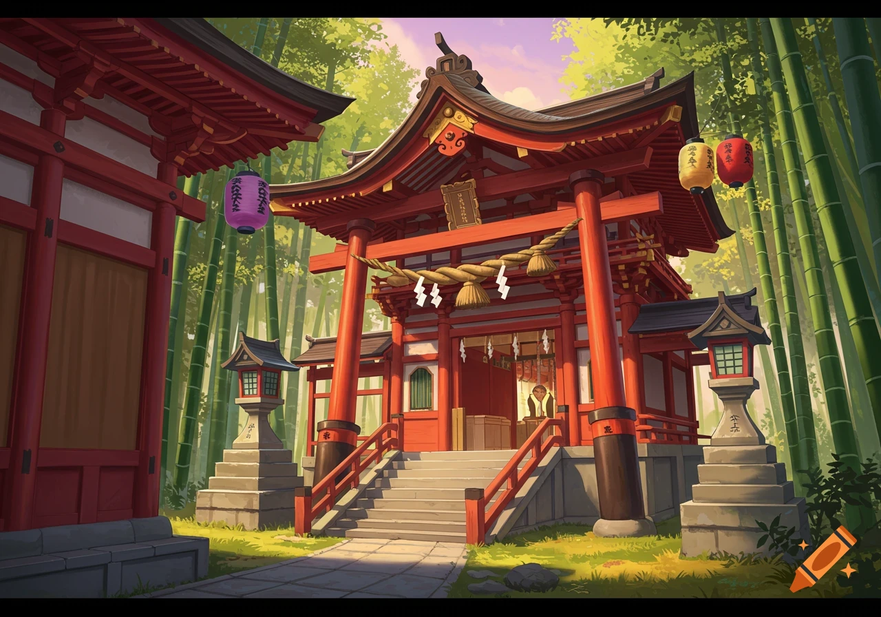 A traditional red Japanese shrine stands among tall green bamboo trees.