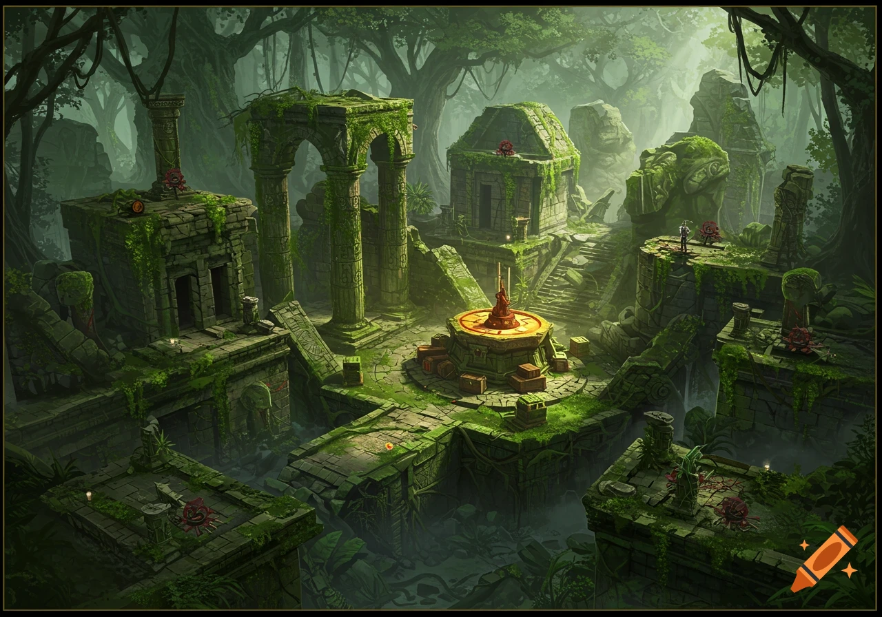 Digital painting of moss-covered ancient ruins in a lush jungle with a glowing central artifact.